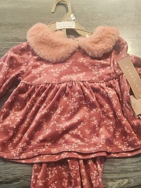 chick pea Rose Pink Floral Velvet 3 Piece Set with Faux Fur Trim